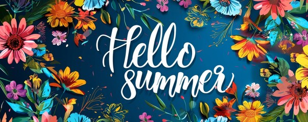 Abstract background with abstract paper cut and flowers. Hello Summer -  modern calligraphy lettering. Summer concept background. - obrazy, fototapety, plakaty