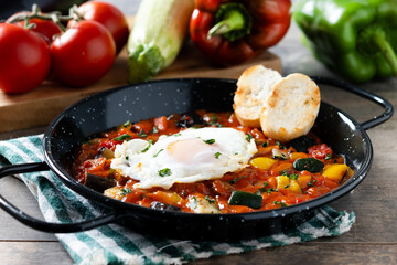 Vegetable pisto manchego with tomatoes, zucchini, peppers, onions,eggplant and egg, served in frying pan on wooden table