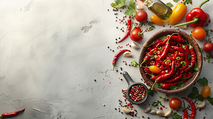 An illustration of spices, a bowl of brightly colored chili peppers on the right side of a clean white surface, bathed in soft natural light that brings out their fiery colors. An unusual picture for 