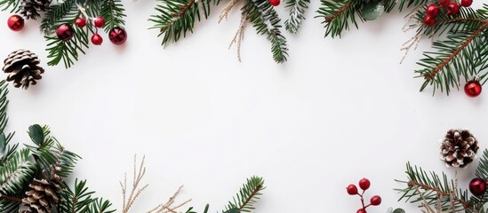 Christmas wreath displayed on a white background in a flat lay style with a top view and space for text.