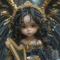 Fantasy portrait of a doll-like angel with black curly hair and golden accessories, holding a harp. - obrazy, fototapety, plakaty