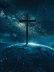 Large Christian cross on top of vivid depiction of the planet earth