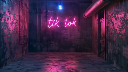 Neon tik tok text on dark wall background