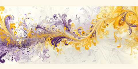 Intricate patterns of lemon yellow and lavender swirling and spreading in water, forming an intricate and lively design on a clean white backdrop.