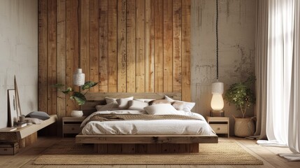 Wooden bed with white and beige bedding in a rustic bedroom interior with wooden walls and natural light.