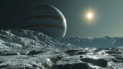 Jupiter and Icy Moon Landscape
