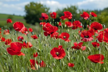 Red poppies - Papaver rhoeas field. Beautiful simple AI generated image in 4K, unique.