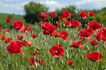 Obraz premium Red poppies - Papaver rhoeas field. Beautiful simple AI generated image in 4K, unique.