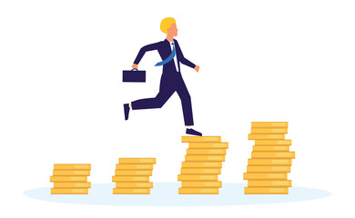 Businessman investor runs through a large stack of gold coins, growth graph, career growth, business. Man running to top stacks of coins business achievement concept. Upward movement.