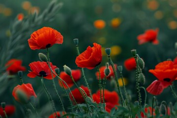 Obraz premium 2022 - impressionistic aerial over Ukraine fields with wildflowers growing suggests Ukranian agriculture and landscape.. Beautiful simple AI generated image in 4K, unique.