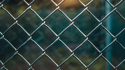 Close-up of a metal chain link fence, emphasizing the woven wires against a blurred natural background