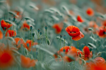 Obraz premium Blooming red poppy in a wheat field - Papaver rhoeas .. Beautiful simple AI generated image in 4K, unique.