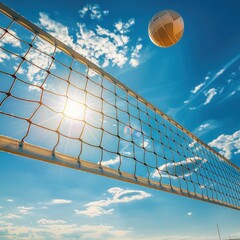 A modern volleyball net with radiant ball.