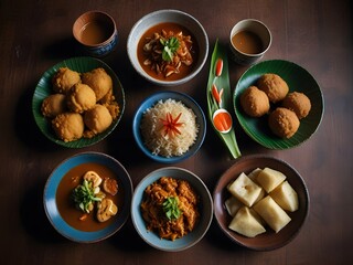 Various types of Indonesian Nasi Padang dishes served on plates