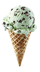 Mint Chocolate Chip Ice Cream on Waffle Cone Transparent Background 
