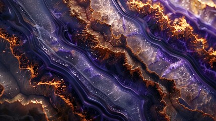 Obraz premium Closeup of an intricate and colorful geode, showcasing the mesmerizing patterns inside with purple hues and golden accents.