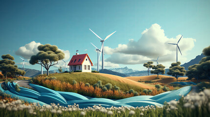 A small house sits on a hill surrounded by wind turbines. - obrazy, fototapety, plakaty