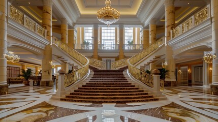 Palace grand entrance foyer with a sweeping staircase and marble floors.