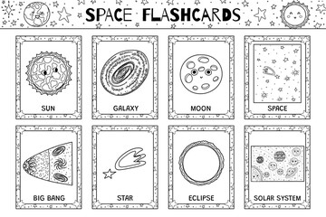 Space flashcards black and white collection with cute characters and cosmic elements. Flash cards set in outline for kids for practicing reading skills. Learn space vocabulary for school and preschool