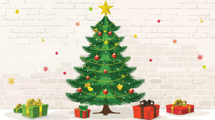 Beautiful decorated Christmas tree near white wall Vector
