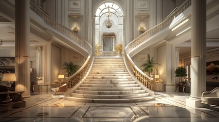 Palace grand entrance foyer with a sweeping staircase and marble floors.