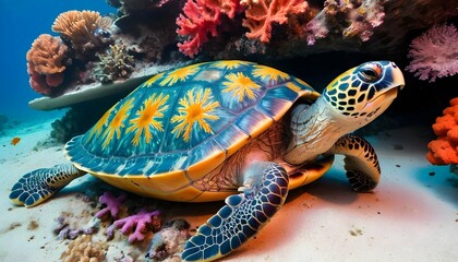 A Turtle With Its Shell Decorated With Colorful Co
