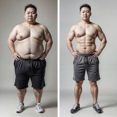 Before and after images of an Asian man showcasing weight loss transformation through changes in clothing fit, muscle definition, and body shape - obrazy, fototapety, plakaty
