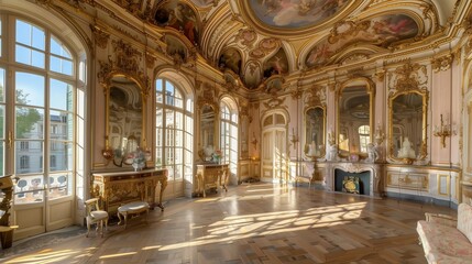 Palace grand salon with gilded mirrors and intricate ceiling frescoes.