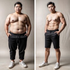 An Asian man in black active shorts stands next to his former self who wore loose clothing and shoes. His chin is more defined and shoulders are more prominent after losing weight - obrazy, fototapety, plakaty