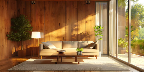 interior with brown armchair and wooden wall - 3d rendering. 
