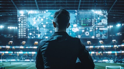 Professional in a suit overlooks a soccer stadium, engaging with futuristic football analytics technology