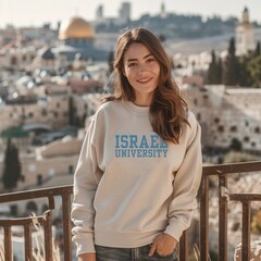 Young Student wearing Sweatshirt with Text: ISRAEL University. AI Generative