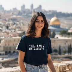Young Student Girl Woman wearing Shirt with Text Tel-Aviv Univerity. AI Generative