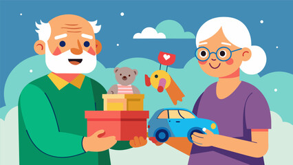 An elderly couple dropping off a vintage toy car collection at the secondhand toy drive eager to pass down their treasured items to children in need.. Vector illustration