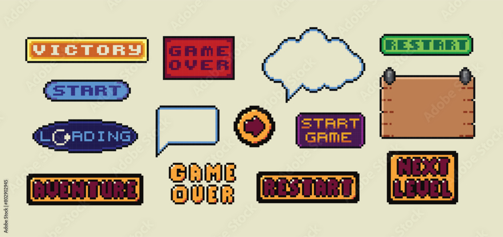 Poster pixel art frames. retro 8 bit buttons, arrows, speech bubble messages and quote frame. game ui vecto