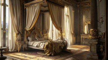Palace royal bedroom with a canopy bed and silk curtains.
