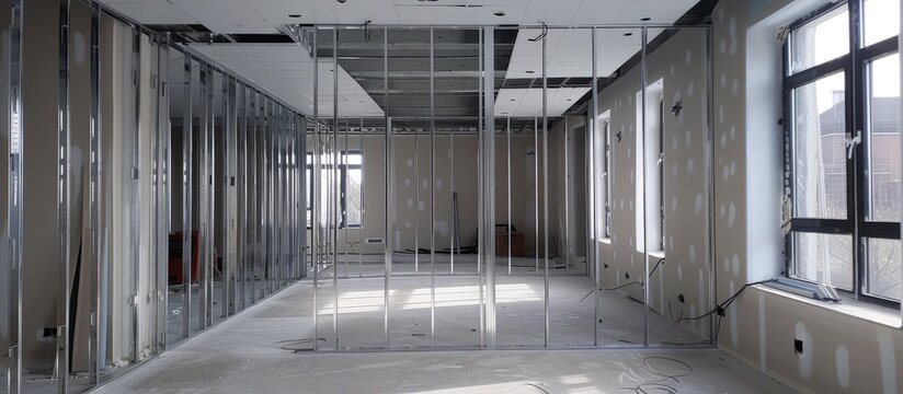 The installation process of metal frames for plasterboard-drywall in order to create gypsum walls in an apartment is currently being carried out for construction, remodeling, renovation, extension,