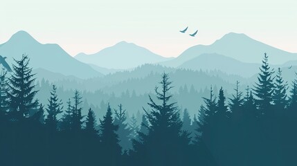 A serene landscape with multiple layers of mountains and a forest silhouette with birds flying in the sky