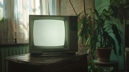 Old retro television with blank screen in the living room, in a closeup shot. Vintage interior design of an old house during summer time. 