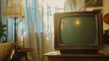 Old retro television with blank screen in the living room, in a closeup shot. Vintage interior design of an old house during summer time. 