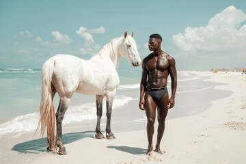 black man on the beach in black swimwear near white horse with blue sky background
