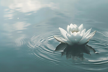 A serene and minimalist scene capturing a single lotus flower floating gracefully on the surface of...