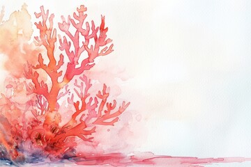 underwater red coral watercolor illustration on white background with copy space right