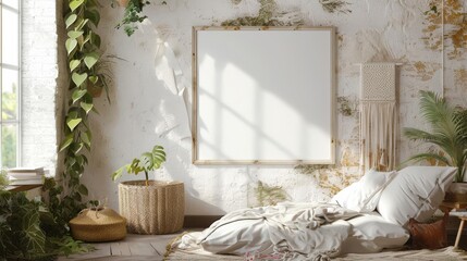 Create a photorealistic render of a messy bedroom with white bedding and lots of plants