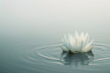 A serene and minimalist scene capturing a single lotus flower floating gracefully on the surface of tranquil, still water. The scene exudes a sense of peace and meditation, with the gentle ripples aro - obrazy, fototapety, plakaty