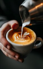  barista is pouring milk into a coffee cup, creating latte art in the style of cafe.