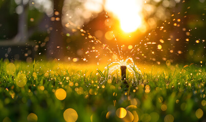 close up of a garden sprinkler spraying water onto grass