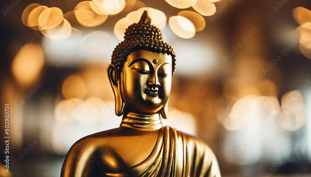 Wall mural golden buddha statue with blurred background