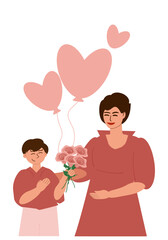 The son gives his mother a bouquet of flowers and heart-shaped balloons and congratulates her on the holiday. Mother's Day, March 8, International Women's Day. greeting card, vertical banner