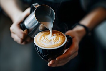  barista is pouring milk into a coffee cup, creating latte art in the style of cafe.